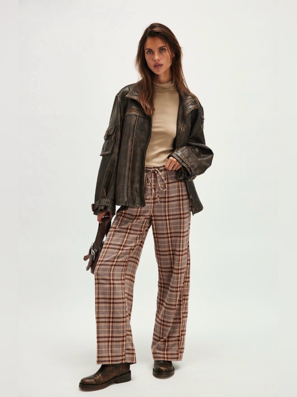 Free People Hudson Plaid Wide Leg Lounge Pants Brown/Beige Boho Drawstring
